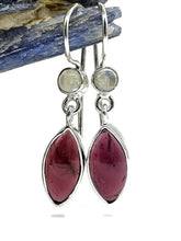 Load image into Gallery viewer, Garnet and Rainbow Moonstone Earrings, Sterling Silver, January Birthstone, Double Drops - GemzAustralia 