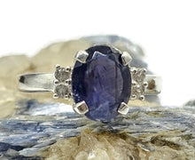 Load image into Gallery viewer, 2.4 carat Iolite &amp; White Zircon Ring, Size Q, Sterling Silver, Water Sapphire, Blue Violet - GemzAustralia 