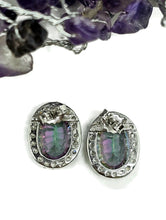 Load image into Gallery viewer, Mystic Topaz Halo Studs, Oval Faceted, Sterling Silver, Purple / Green Gemstone - GemzAustralia 