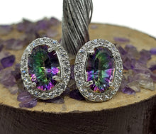 Load image into Gallery viewer, Mystic Topaz Halo Studs, Oval Faceted, Sterling Silver, Purple / Green Gemstone - GemzAustralia 