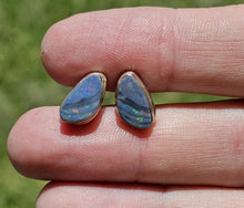 Load image into Gallery viewer, Australian Opal Studs, Sterling Silver, Blue &amp; Green Opal, Doublets, Lucky Gemstone - GemzAustralia 