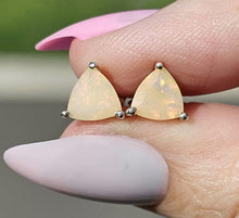 Load image into Gallery viewer, Solid Opal Studs, Trillion Faceted, Sterling Silver, October Birthstone, Pink, Green &amp; Gold - GemzAustralia 