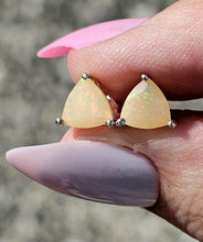 Load image into Gallery viewer, Solid Opal Studs, Trillion Faceted, Sterling Silver, October Birthstone, Pink, Green &amp; Gold - GemzAustralia 
