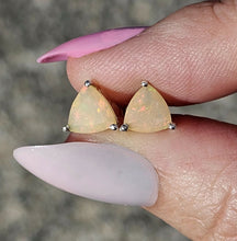 Load image into Gallery viewer, Solid Opal Studs, Trillion Faceted, Sterling Silver, October Birthstone, Pink, Green &amp; Gold - GemzAustralia 