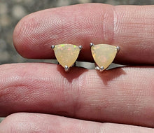 Load image into Gallery viewer, Solid Opal Studs, Trillion Faceted, Sterling Silver, October Birthstone, Pink, Green &amp; Gold - GemzAustralia 