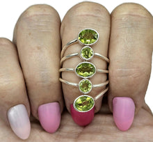 Load image into Gallery viewer, Five Stone Peridot Ring, Size 8.5, Sterling Silver, August Birthstone, Statement Piece - GemzAustralia 