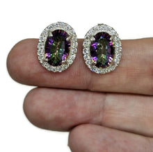 Load image into Gallery viewer, Mystic Topaz Halo Studs, Oval Faceted, Sterling Silver, Purple / Green Gemstone - GemzAustralia 
