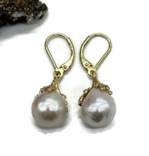 Load image into Gallery viewer, Pearl Earrings, Gold Plated Sterling Silver, Art Nouveau Design, June Birthstone, Natural - GemzAustralia 