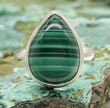 Load image into Gallery viewer, Pear Malachite Ring, Size R, Sterling Silver, Rich Green Gemstone, Bezel Set - GemzAustralia 