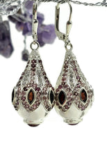 Load image into Gallery viewer, Pink Tourmaline, Garnet &amp; White Zircon Earrings, Genie Bottle Earrings, Faberge Egg Style - GemzAustralia 