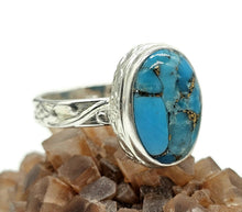 Load image into Gallery viewer, Blue Turquoise Ring, Size Q, Sterling Silver, Oval Shape, Copper Turquoise, Protection - GemzAustralia 