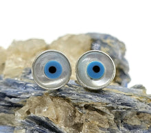 Load image into Gallery viewer, Hamsa Hand &amp; Naza Eye Earrings, Sterling Silver, Blue White Enamel, Universal Protection - GemzAustralia 