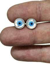Load image into Gallery viewer, Hamsa Hand &amp; Naza Eye Earrings, Sterling Silver, Blue White Enamel, Universal Protection - GemzAustralia 