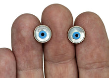 Load image into Gallery viewer, Hamsa Hand &amp; Naza Eye Earrings, Sterling Silver, Blue White Enamel, Universal Protection - GemzAustralia 