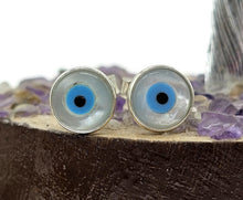 Load image into Gallery viewer, Hamsa Hand &amp; Naza Eye Earrings, Sterling Silver, Blue White Enamel, Universal Protection - GemzAustralia 