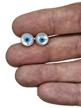 Load image into Gallery viewer, Hamsa Hand &amp; Naza Eye Earrings, Sterling Silver, Blue White Enamel, Universal Protection - GemzAustralia 