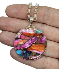 Load image into Gallery viewer, Statement Pink Opal &amp; Oyster Turquoise Pendant, Round, Sterling Silver, Copper Turquoise - GemzAustralia 