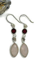 Load image into Gallery viewer, Rose Quartz &amp; Garnet Earrings, Sterling Silver, Double Drops, Romance Stone, Love Rock - GemzAustralia 