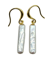 Load image into Gallery viewer, Long Rectangle Biwa Pearl Earrings, Gold Plated Sterling Silver, June Birthstone, Highly Lustrous Pearls, Freshwater Pearls, Japanese - GemzAustralia 