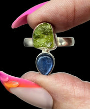 Load image into Gallery viewer, Blue Kyanite and Raw Peridot Ring, Size 9, Sterling Silver, Two Stone Ring, Visionary Gemstone, Loyalty Stone