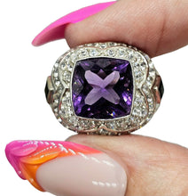 Load image into Gallery viewer, Amethyst, Green Tourmaline &amp; White Zircon Ring, Size 8.25, Sterling Silver, Genuine Gemstones, Vintage Style