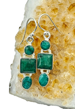 Load image into Gallery viewer, Green Emerald Earrings, May Birthstone, Three Stone Drop, Geometric Design, Inspiration Stone, Infinite Patience, Loyalty - GemzAustralia 