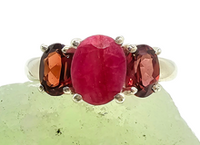 Load image into Gallery viewer, Ruby &amp; Garnet Three Stone Ring, Size 9, Sterling Silver, July and January Birthstones, Energy Stone - GemzAustralia 