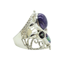 Load image into Gallery viewer, Charoite &amp; Mystic Topaz Ring, Size 7, Sterling Silver, Statement Piece, Four Stone Ring, Wearable Art - GemzAustralia 