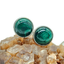 Load image into Gallery viewer, Malachite Studs, Sterling Silver, Round Shaped Earrings, Beautiful Rich Green Gemstone, Visionary Stone, Protection Gem - GemzAustralia 