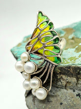 Load image into Gallery viewer, Art Nouveau Pearl and Enamel Statement Ring, Size 6.75, Sterling Silver, June Birthstone, Vintage Style