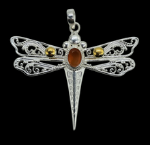Load image into Gallery viewer, Dragonfly Pendant, Carnelian Gemstone, Sterling Silver, Meaning of Life Symbolism, Transformation, Artist's Stone, Two Tone - GemzAustralia 