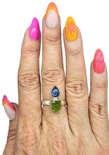 Load image into Gallery viewer, Blue Kyanite and Raw Peridot Ring, Size 9, Sterling Silver, Two Stone Ring, Visionary Gemstone, Loyalty Stone