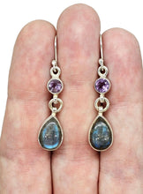 Load image into Gallery viewer, Labradorite &amp; Amethyst Earrings, Sterling Silver, Round/Pear Design, Mystical Magical Gemstone, Companion through Change - GemzAustralia 
