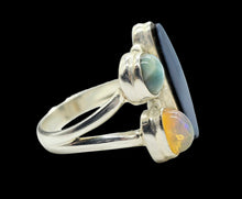 Load image into Gallery viewer, Australian Opal, Larimar &amp; African Opal Ring, Size 6, Sterling Silver, Three Stone Ring, Aura Gem, Psychic Gemstone, October Birthstone