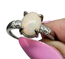 Load image into Gallery viewer, Solid Ethiopian Opal &amp; White Sapphire Ring, Size P, Adjustable, Sterling Silver, October Birthstone, Aura Stone, Psychic Stone - GemzAustralia 