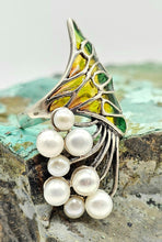 Load image into Gallery viewer, Art Nouveau Pearl and Enamel Statement Ring, Size 6.75, Sterling Silver, June Birthstone, Vintage Style