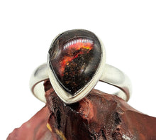 Load image into Gallery viewer, Red Ammolite Ring, Size 6.75, Sterling Silver, Pear Shaped, Fossilized Ammonite, Opal like Gemstone, Wisdom Stone, Growth Stone