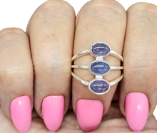 Load image into Gallery viewer, Three Stone Tanzanite Ring, Size 8, Sterling Silver, Psychic Power Stone, Meditation Stone - GemzAustralia 