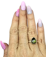 Load image into Gallery viewer, Green Ammolite Ring, Size O, Sterling Silver, Pear Shaped, Fossilized Ammonite, Opal like Gemstone, Wisdom Stone - GemzAustralia 