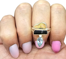 Load image into Gallery viewer, Opal, Black Tourmaline &amp; Blue Topaz Ring, Sterling Silver, Rough Gemstones, Three Stone ring, Size Q - GemzAustralia 