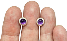 Load image into Gallery viewer, Purple Amethyst Studs, Sterling Silver, Round Cabochons, Solitaire studs, Bezel Set Earrings, February Birthstone - GemzAustralia 