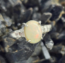 Load image into Gallery viewer, Solid Ethiopian Opal &amp; White Sapphire Ring, Size P, Adjustable, Sterling Silver, October Birthstone, Aura Stone, Psychic Stone - GemzAustralia 