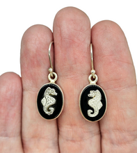 Load image into Gallery viewer, Black Onyx Seahorse Earrings, Sterling Silver, Leo / Capricorn Zodiac Gemstone, Gives Strength - GemzAustralia 