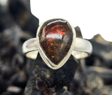 Load image into Gallery viewer, Red Ammolite Ring, Size 6 3/4, Sterling Silver, Pear Shaped, Opal like Gemstone, Fossilized Shell of Ammonite - GemzAustralia 