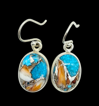 Load image into Gallery viewer, Oyster Turquoise Earrings, Oval Shaped, Sterling Silver, Orange Spiny Oyster Shell, Blue Turquoise, Copper Earrings, Hope &amp; Courage Stone - GemzAustralia 