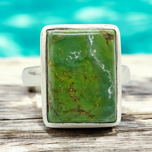 Load image into Gallery viewer, Green Turquoise Ring, Size 8, Rectangle Shape, Sterling Silver, Protection Stone, Goddess Stone, Fortune Stone, 11th Anniversary - GemzAustralia 