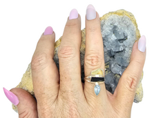 Load image into Gallery viewer, Opal, Black Tourmaline &amp; Blue Topaz Ring, Sterling Silver, Rough Gemstones, Three Stone ring, Size Q - GemzAustralia 