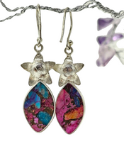 Load image into Gallery viewer, Pink Opal &amp; Oyster Turquoise Flower Earrings, Sterling Silver, Marquise Shaped, Love Stone, Copper Turquoise - GemzAustralia 