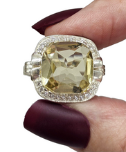 Load image into Gallery viewer, Halo Lemon Quartz &amp; Zircon Ring, Size 11, Cushion Square Facet, 8.5 carats, Sterling Silver, Mental Clarity, Confidence Gem - GemzAustralia 