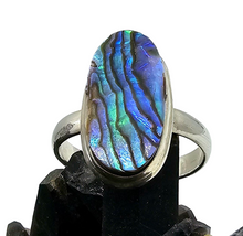 Load image into Gallery viewer, Statement Paua Shell Ring, Size 11, Sterling Silver, Long Oval Shape, Blue Green Abalone Shell, Prosperity Stone - GemzAustralia 